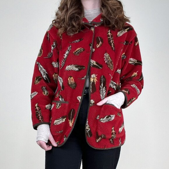 Vintage Fleece Novelty Print Light Jacket Cardigan Sweater Western Gorpcore Boho - Picture 5 of 10